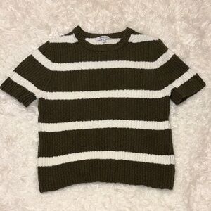 Madewell Olive and Cream Rib Knit Short Sleeve Textured Sweater